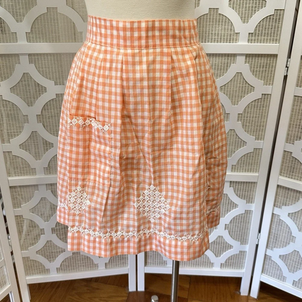 Vintage Gingham Check Half Waist Apron Embroidered Peach Cottagecore Trad‎ Wife